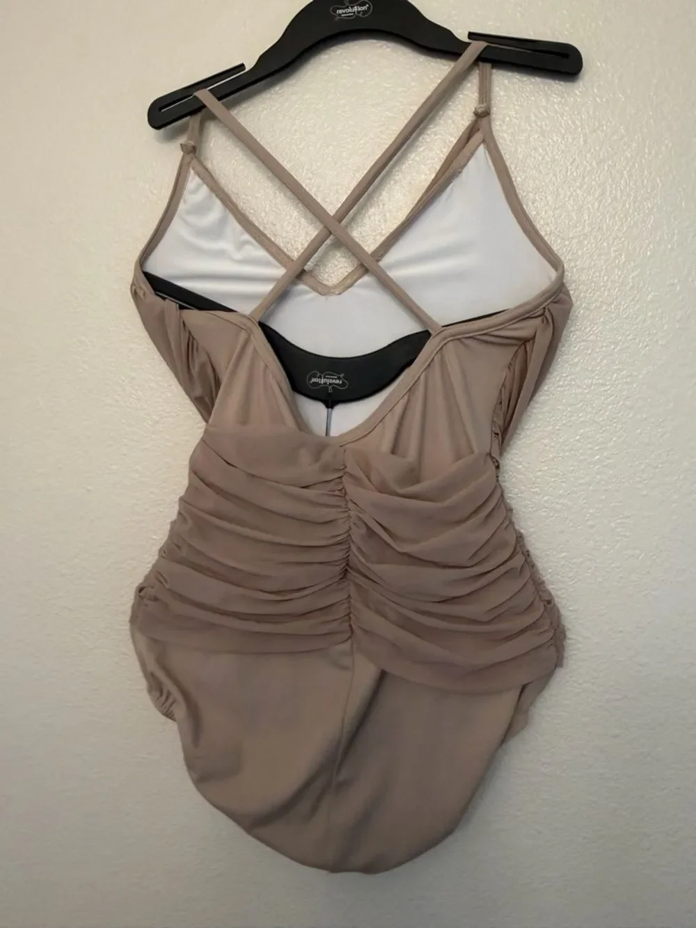 Kelle dance lyrical costume tan blush drape mesh leotard LA-Large adult
